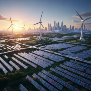 Paysage futuriste avec des fermes solaires et des éoliennes alimentant des villes intelligentes, symbolisant le futur des énergies renouvelables.